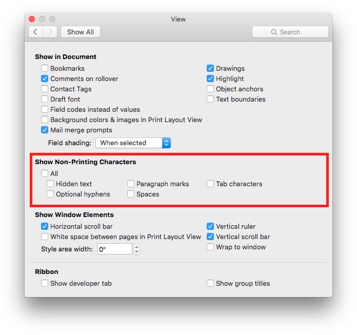 word 2016 for mac, hide preview text on form when printing